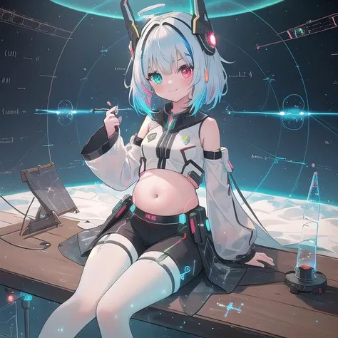 (masterpiece), (science fiction:1.4), 1girl, sitting, smile, multicolored hair, heterochromia, headgear, long sleeves, detached sleeves, glowing energy clothing, light particles, visible belly, slim, slim, slim, family friendly