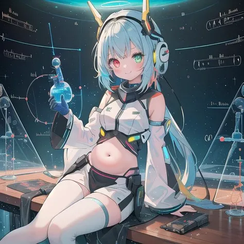 (masterpiece), (science fiction:1.4), 1girl, sitting, smile, multicolored hair, heterochromia, headgear, long sleeves, detached sleeves, glowing energy clothing, light particles, visible belly, slim, slim, slim, family friendly