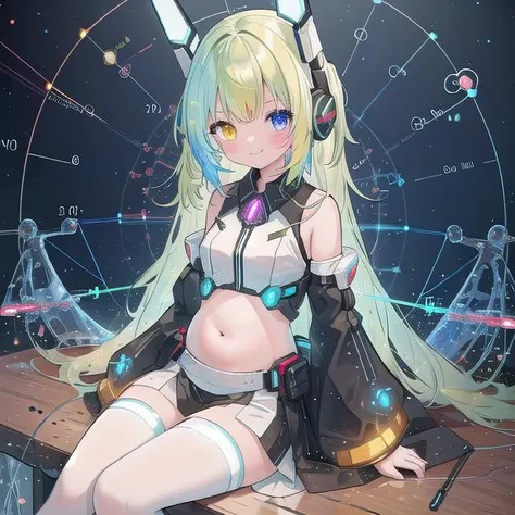 (masterpiece), (science fiction:1.4), 1girl, sitting, smile, multicolored hair, heterochromia, headgear, long sleeves, detached sleeves, glowing energy clothing, light particles, visible belly, slim, slim, slim, family friendly