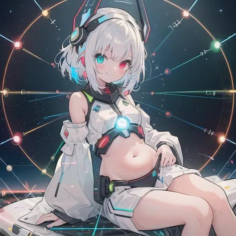 (masterpiece), (science fiction:1.4), 1girl, sitting, smile, multicolored hair, heterochromia, headgear, long sleeves, detached sleeves, glowing energy clothing, light particles, visible belly, slim, slim, slim, family friendly