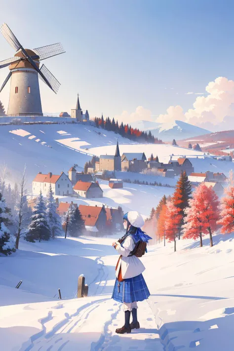 1girl, (pointillism art by Albert Dubois-Pillet:1.0) , impressionism art, mundane Unity Engine, stylized, masterpiece, profile of a ("The life of Saint Margaret of Scotland":1.3) , it is very Pure and Invigorating, Tired Windmill in background, crowded mountains and hillside, Winter, in focus, Horror, Grindhouse, dramatic lighting, Zoom lens, Pastel Colors, sfumato, Vitrail, artstation, dslr