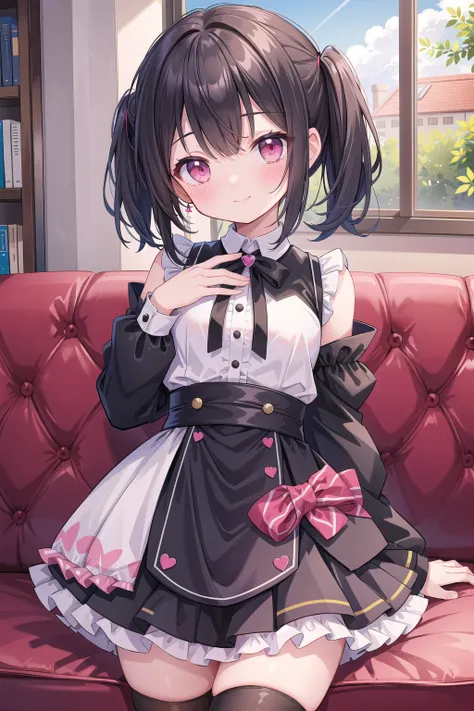 (masterpiece), 1girl, chibi, smile, blush, small breasts, frilled skirt, thighhighs, pink eyes, black hair, medium bangs