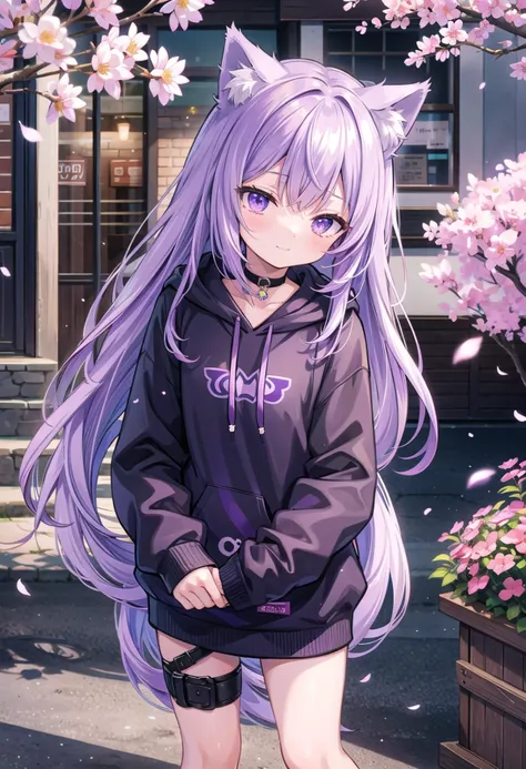 solo, perfect body, light purple hair, dark purple eyes, cat girl, (sleepy:1.4), slight smile, cat ears, cat tail, choker, outside, cherry trees, day, looking at viewer, wearing black hoodie with purple stripe