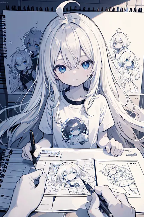 (masterpiece), 1girl, solo, (drawing lines, lineart:1.2), ahoge, absurdly long hair, looking at viewer, hair between eyes, t-shirt, flat chest, blue eyes, white hair, pale skin, half-closed eyes, soft smile, monochrome, holding pencil, pov hand, manga panel, comic, colorful, sketchbook, holding hands