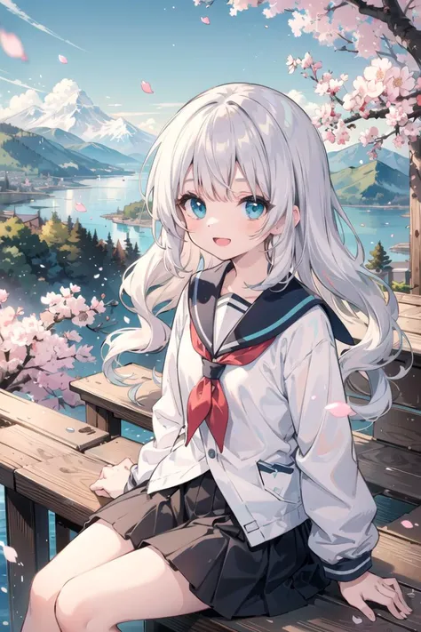 (masterpiece, best quality), 1girl, yo, small chest, cute face, young face,
scenery, mountainous horizon, cherry blossoms, petals, light particles, upper body, 1girl, sailor, wavy hair, floating hair, smile, sitting, open mouth, light particles, silver hair, aqua eyes, looking at viewer, face focus <lora:GoodHands-vanilla:0.8>