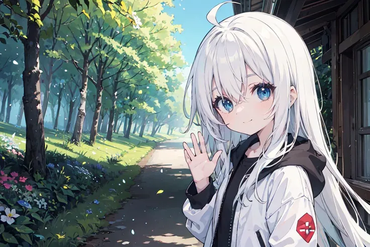 (masterpiece), sunny, tyndal effect, forest, leaves, light particles, colorful, spring, flowers, road
AND (masterpiece), 1girl, looking at viewer, smile, blue eyes, ahoge, white hair, long hair, upper body, pale skin, white jacket, waving, hair between eyes, hause, windows