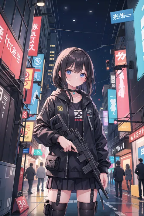 (masterpiece), 1girl, cyberpunk, firearm