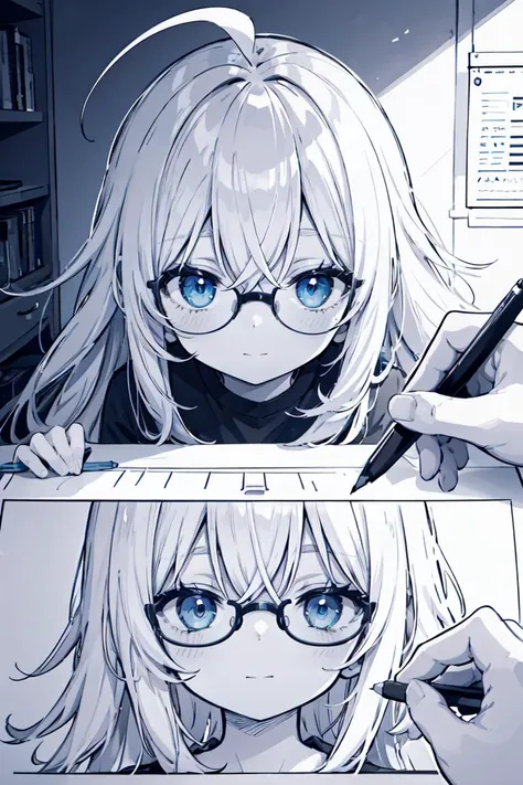 (masterpiece), 1girl, solo, (drawing lines, lineart:1.2), ahoge, absurdly long hair, looking at viewer, hair between eyes, t-shirt, flat chest, blue eyes, glasses, white hair, pale skin, half-closed eyes, soft smile, monochrome, holding pencil, pov hands, manga panel, comic