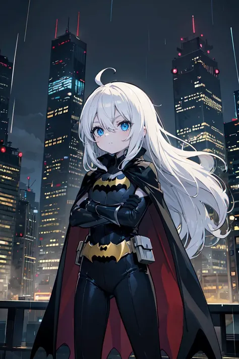 (masterpiece), solo, 1girl, (batman outfit:1.2), white hair, absurdly long hair, blue eyes, dark, skyscraper, rain, rtx, standing, cape, pale skin, ahoge, flat chest, hair between eyes, crossed arms, serious, black gloves