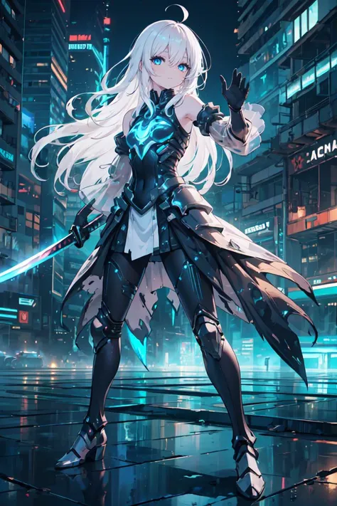 (masterpiece), 1girl, solo, cyberpunk, night, colorful, white hair, ahoge, absurdly long hair, blue eyes, pale skin, expressionless, flat chest, white dress, <lora:bioluminescent_dress-1.0:0.5>, hair between eyes, shirt, exoskeleton, dark, cowboy shot, tactical gloves, black theme, white theme, glow, transparent, futuristic, detached sleeves, science fiction, blue electricity, technology, android, <lora:edg_DeathKnight:1>, wearing edgDeathKnight armor, (holding katana:1.2), bare shoulders, waist cape, half-closed eyes, bodysuit, (fighting stance:1.2), looking at viewer, full body