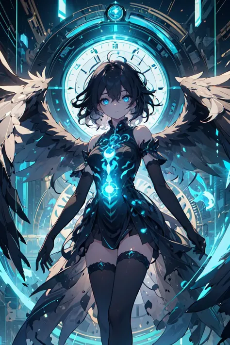 (masterpiece), seraph, <lora:landing_wings:1>, large wings, (clockwork:1.2), black hair, medium hair, (messy hair:1.2), blue eyes, pale skin, freckles, expressionless, medium breasts, black wings, black dress, blue theme, <lora:bioluminescent_dress-1.0:0.5>, bare shoulders, elbow gloves, half-closed eyes, blue magic, <lora:r1ge - AnimeRage:0.3>, legwear, time paradox, time magic