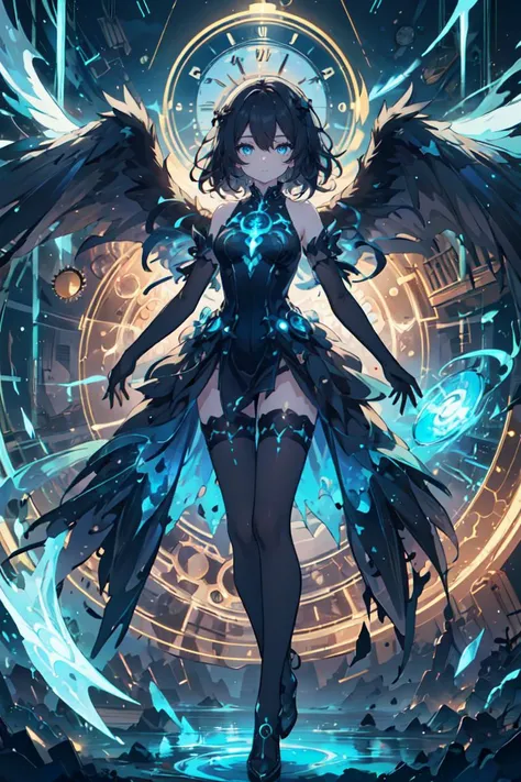 (masterpiece), seraph, <lora:landing_wings:1>, large wings, (clockwork:1.2), black hair, medium hair, (messy hair:1.2), blue eyes, pale skin, freckles, expressionless, medium breasts, black wings, black dress, blue theme, <lora:bioluminescent_dress-1.0:0.5>, bare shoulders, elbow gloves, legwear, half-closed eyes, blue energy, blue magic