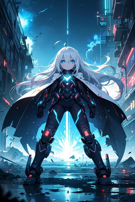 (masterpiece), 1girl, solo, white hair, ahoge, absurdly long hair, pale skin, flat chest, white jacket, futuristic, exoskeleton, looking at viewer, glow, cyberpunk, colorful, <lora:r1ge - AnimeRage:0.3>, blue heme, science fiction, mecha musume, waist cape, space, nebula, eerie, dark, f(ighting stance:1.2), blue electricity, energy blast, white boots, destruction, blue eyes, hair between eyes, expressionless