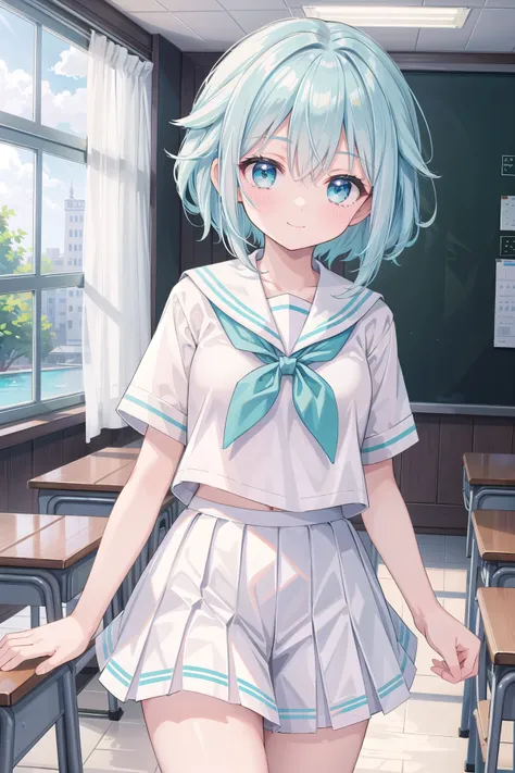 (masterpiece), classroom, 1girl, medium hair, white hair, (aqua eyes:1.2), (white sailor collar:1.2), serafuku, white skirt, pleated skirt, smile