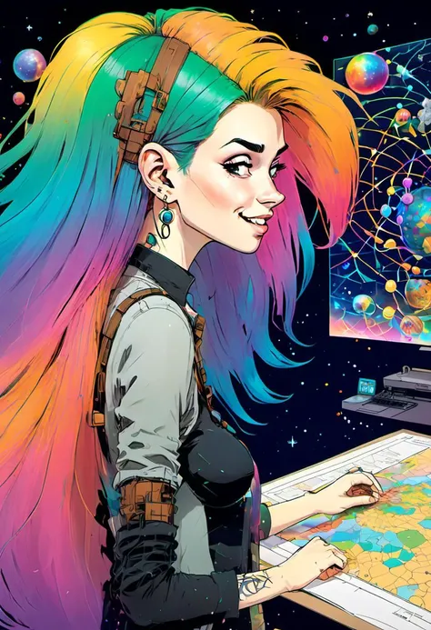 <lora:InfiniteTina:.6> A 25-year-old InfiniteTina with rainbow hair analyzing a complex holographic map of the multiverse focused and serious.