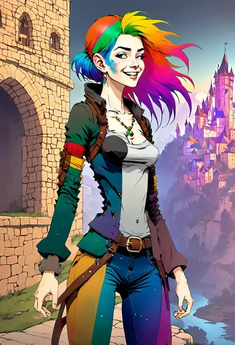 <lora:InfiniteTina:.6> A 25-year-old InfiniteTina with rainbow hair disguised in medieval attire blending into a historical alternate world.