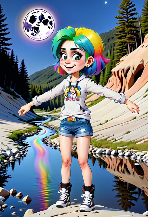<lora:InfiniteTina:.6> a 17-year-old InfiniteTina with rainbow hair tripping on acid out at the creek with a full moon.