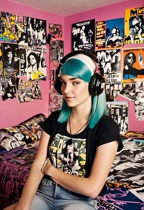 best quality, topless girl, ((looking at viewer)), dark blue hair, black eyes, very short hair, spiky hair, ahoge, panties, 171cm, messy hair, hair between eyes, flat breasts, plump, dark skin, tomboy, adult, 20 years old, topless girl, solo, sole, grin, wide hips, thighs, standing, messy room, bedroom, shelves, DVDs, books, video games, computer, CDs, vinyl records, VHS tapes, 80s style