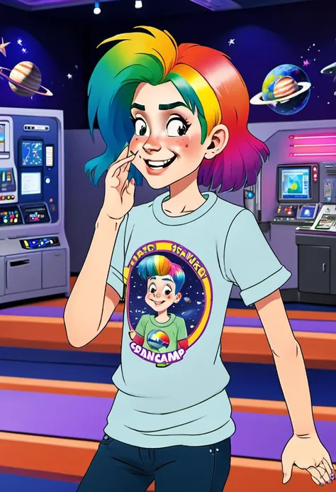 <lora:InfiniteTina:.6> a 14-year-old InfiniteTina with rainbow hair feels sick at Space Camp after going on the simulator.