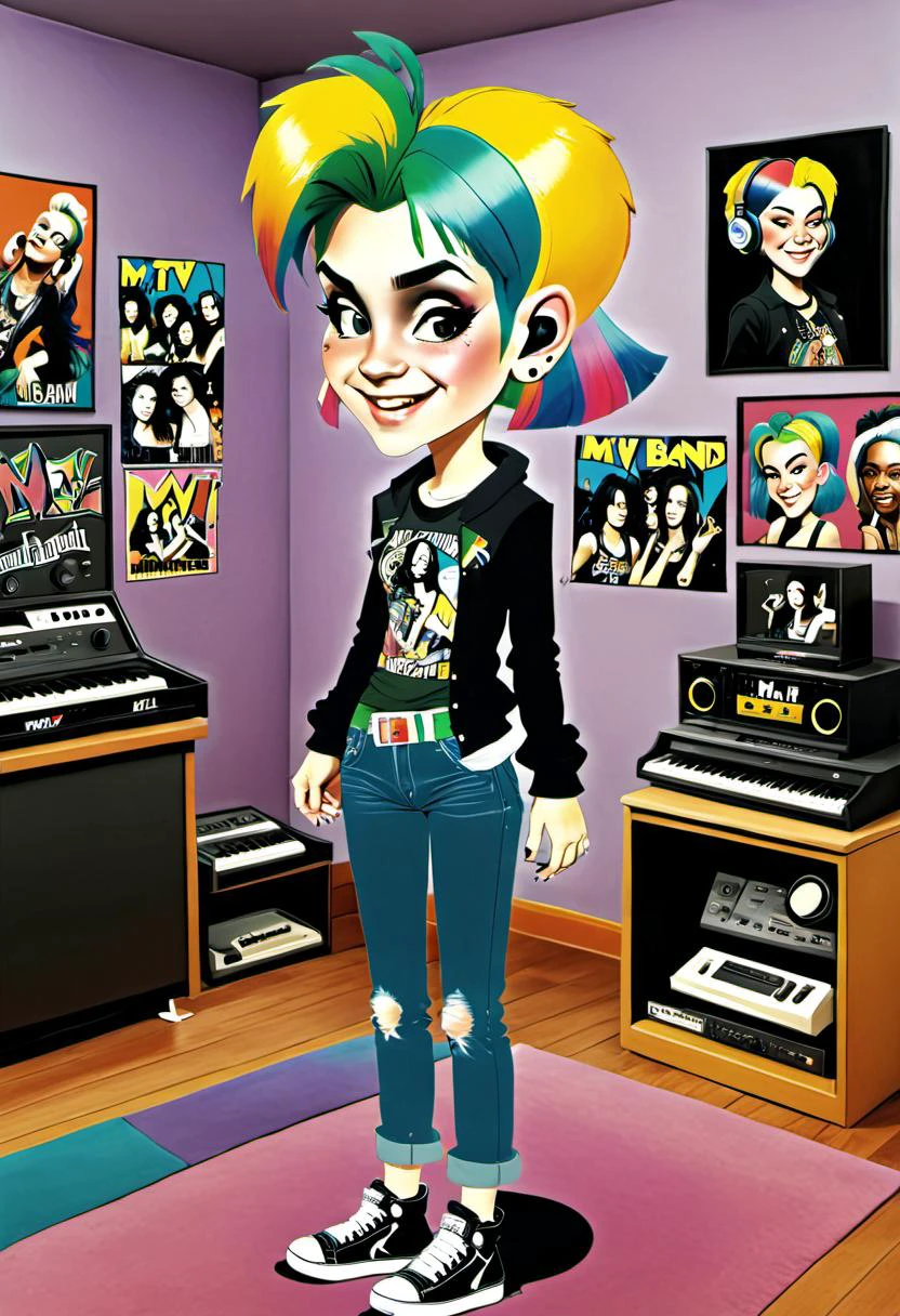 <lora:InfiniteTina:.5>A -yeld IniteTina lounging in her room plastered with MTV band posters wearing oversized headphones.