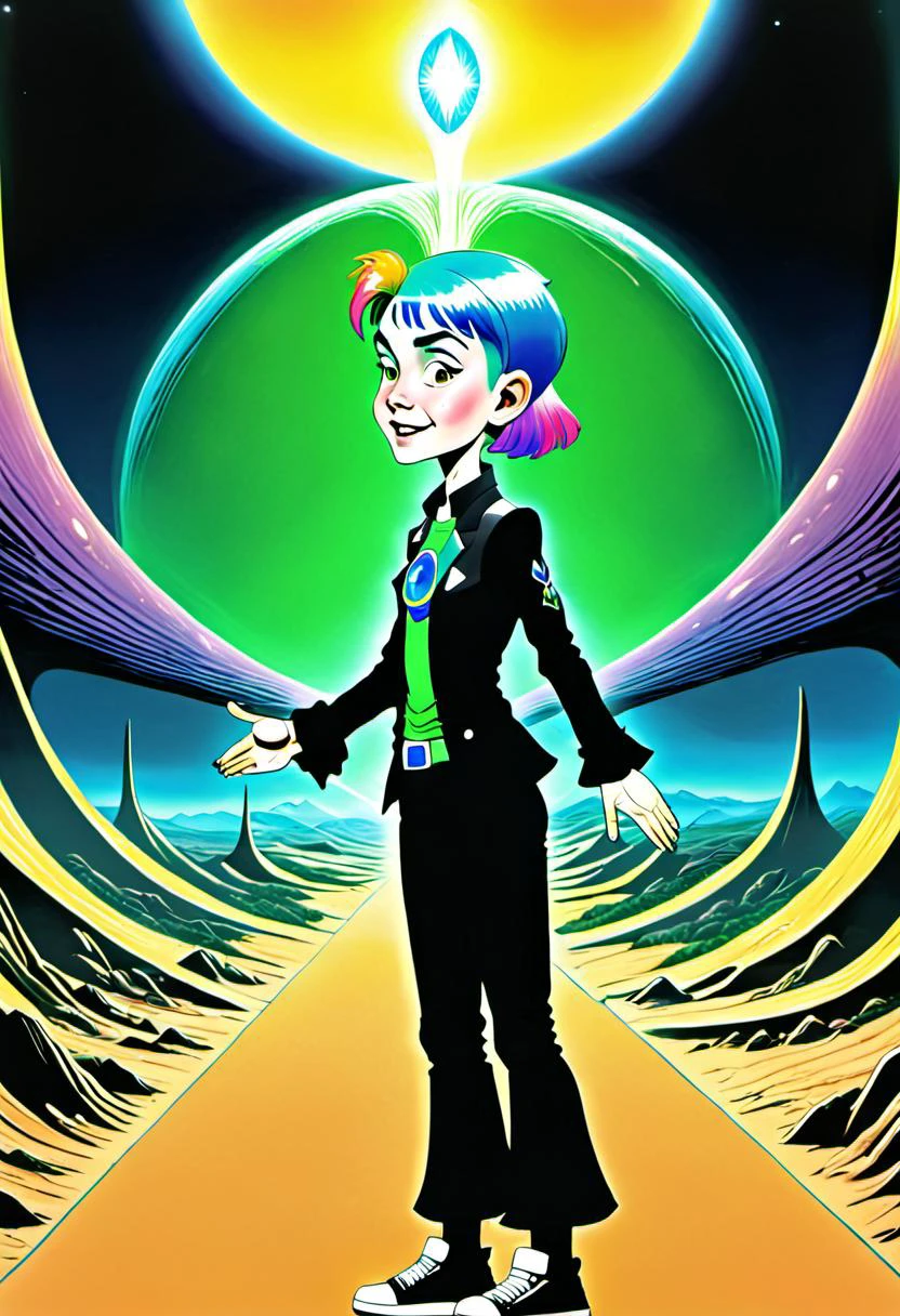 <lora:InfiniteTina:.5>A -yeld IniteTina stepping through a glowing portal into an alien landscape dressed in a sleek government-issued suit.