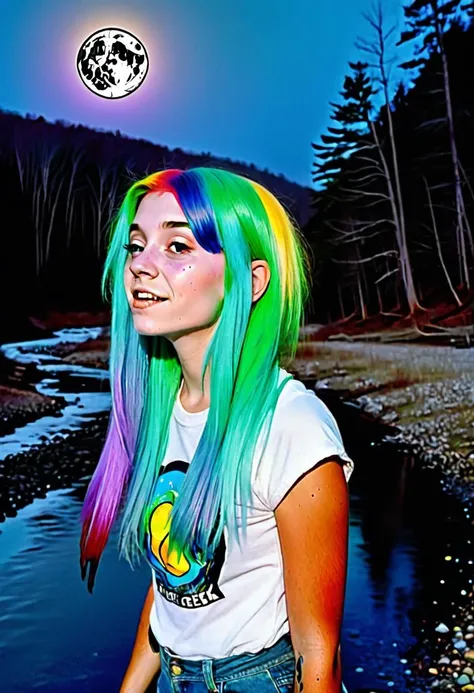 <lora:InfiniteTina:.6> a 17-year-old InfiniteTina with rainbow hair tripping on acid out at the creek with a full moon.