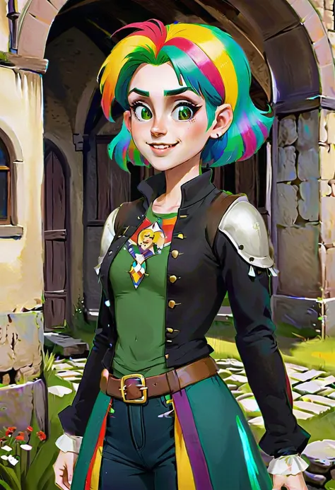 <lora:InfiniteTina:.6> A 25-year-old InfiniteTina with rainbow hair disguised in medieval attire blending into a historical alternate world.