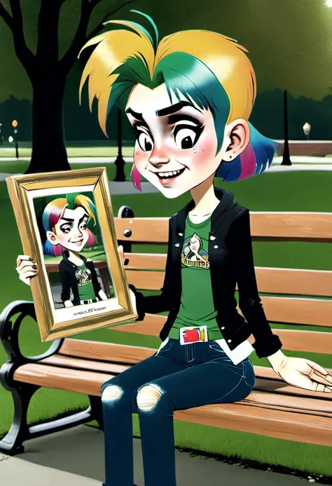 <lora:InfiniteTina:.5>A 18-year-old InfiniteTina holding a broken picture frame staring at it longingly on a park bench.