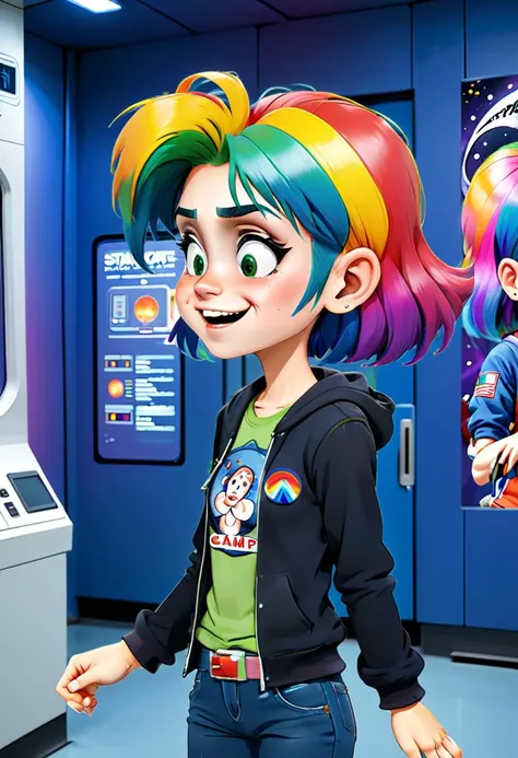 <lora:InfiniteTina:.6> a 14-year-old InfiniteTina with rainbow hair feels sick at Space Camp after going on the simulator.