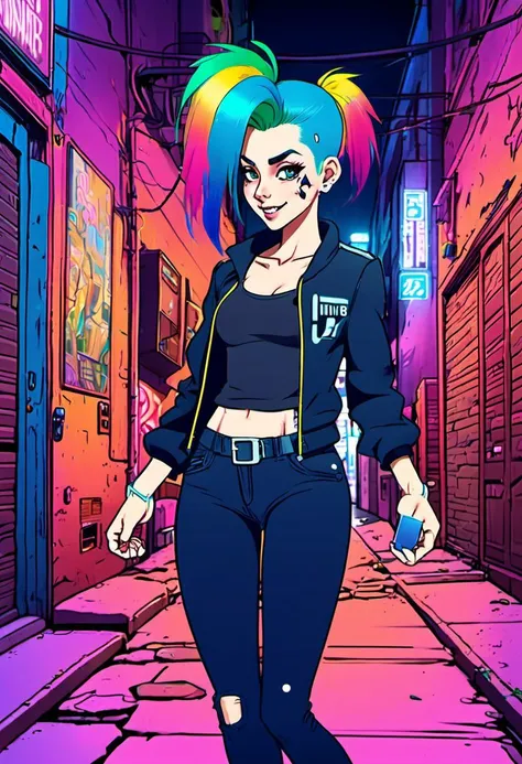 <lora:InfiniteTina:.6> A 25-year-old InfiniteTina with rainbow hair evading capture in a neon-lit cyberpunk alleyway while dressed in a skintight blue jumpsuit.