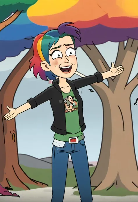 <lora:InfiniteTina:.6> A 40-year-old homeless InfiniteTina woman with rainbow hair screams at a tree.
