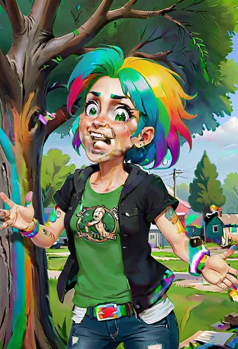 <lora:InfiniteTina:.6> A 40-year-old homeless InfiniteTina woman with rainbow hair screams at a tree.