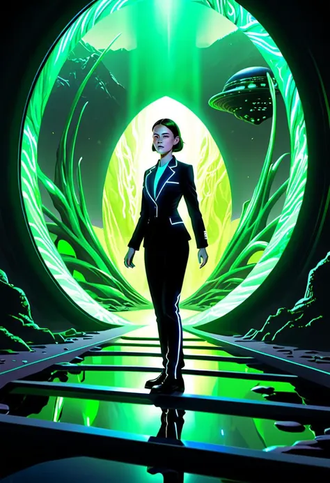 <lora:InfiniteTina:.5>A 18-year-old InfiniteTina stepping through a glowing portal into an alien landscape dressed in a sleek government-issued suit.