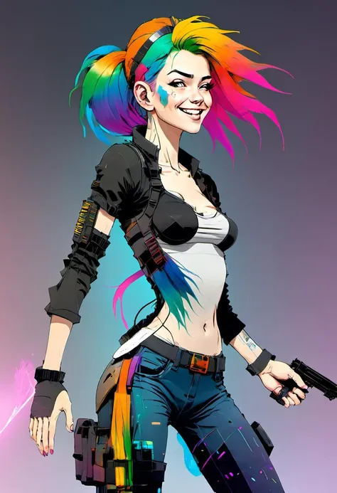 <lora:InfiniteTina:.6> A 25-year-old InfiniteTina with rainbow hair in combat training with futuristic weapons wearing protective gear.