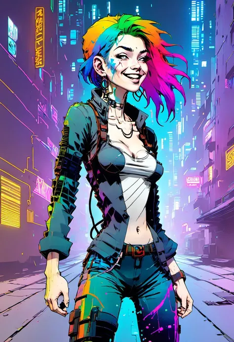 <lora:InfiniteTina:.6> A 25-year-old InfiniteTina with rainbow hair evading capture in a neon-lit cyberpunk alleyway while dressed in a skintight blue jumpsuit.