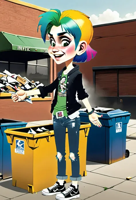 <lora:InfiniteTina:.5>A 14-year-old InfiniteTina rummaging through a dumpster behind a restaurant clothes worn and dirty.