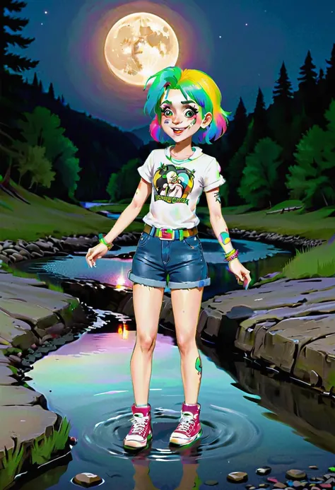 <lora:InfiniteTina:.6> a 17-year-old InfiniteTina with rainbow hair tripping on acid out at the creek with a full moon.