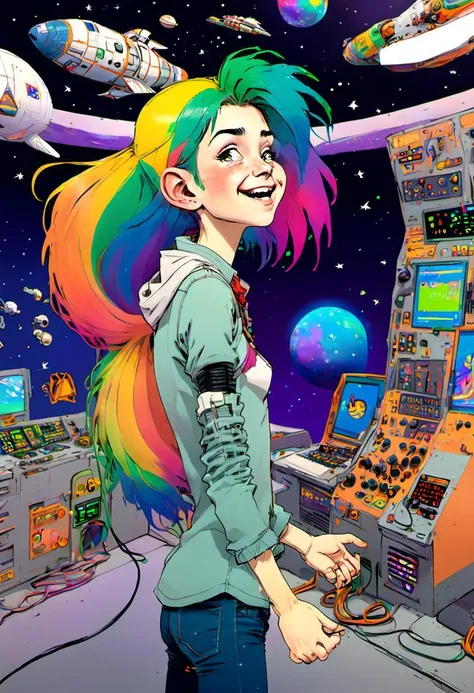 <lora:InfiniteTina:.6> a -yeld IniteTina with rainbow hair feels sick at Space Camp after going on the simulator.