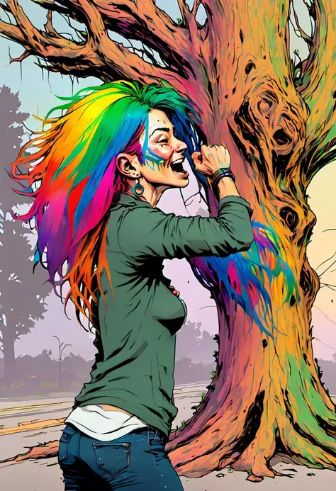 <lora:InfiniteTina:.6> A 40-year-old homeless InfiniteTina woman with rainbow hair screams at a tree.