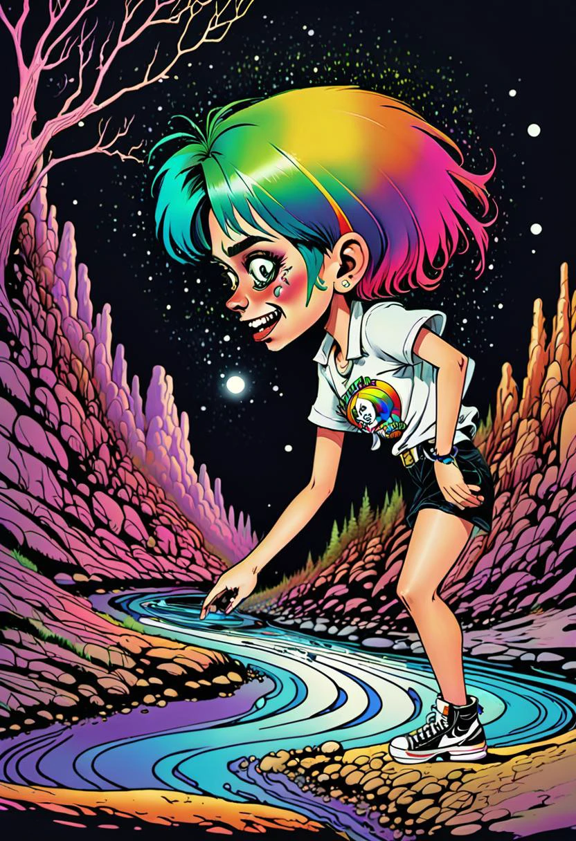 <lora:InfiniteTina:.6> a -yeld IniteTina with rainbow hair tripping on acid out at the creek with a full moon.