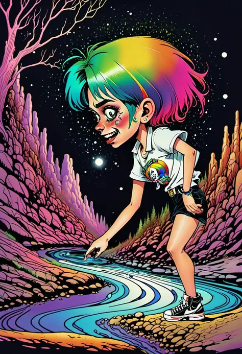 <lora:InfiniteTina:.6> a 17-year-old InfiniteTina with rainbow hair tripping on acid out at the creek with a full moon.