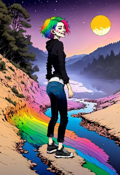 <lora:InfiniteTina:.6> a -yeld IniteTina with rainbow hair tripping on acid out at the creek with a full moon.
