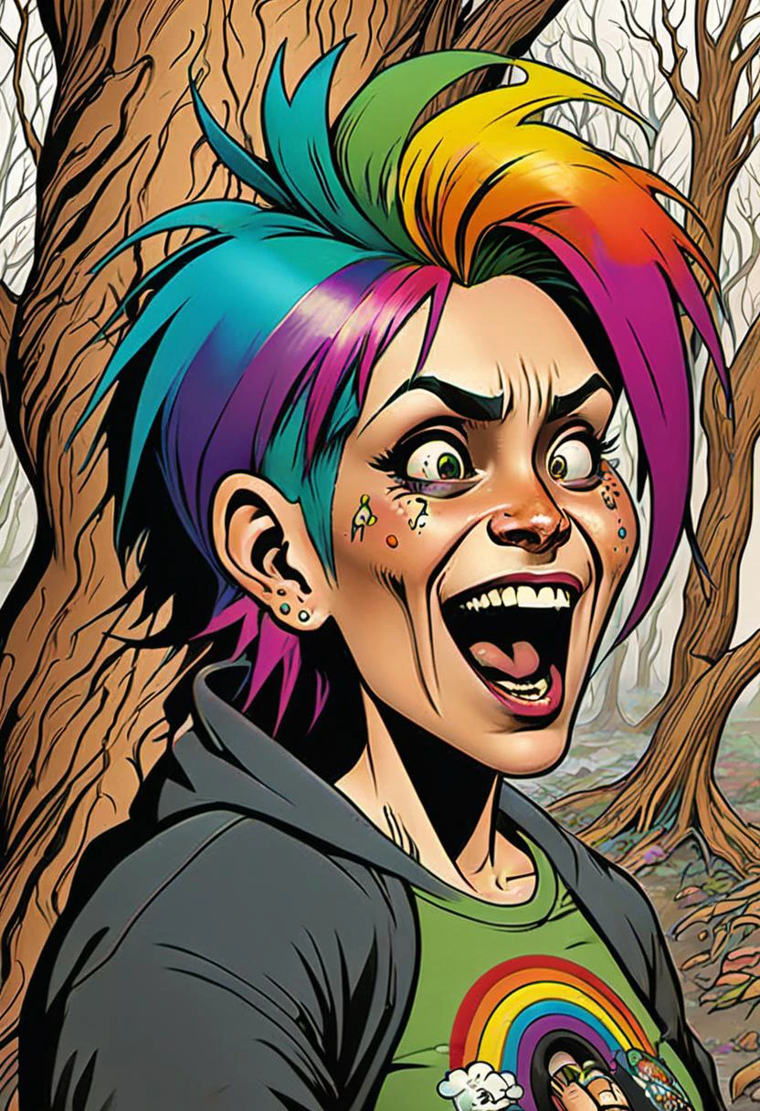 <lora:InfiniteTina:.6> A 40-year-old homeless InfiniteTina woman with rainbow hair screams at a tree.