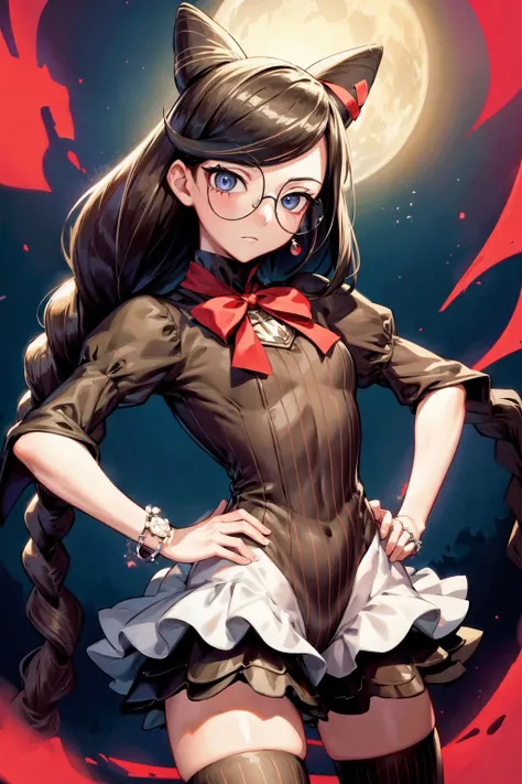 masterpiece,top quality,best quality,official art,1girl,cereza,glasses,red ribbon,hair bun,hair ribbon,streaked hair,braid,jewelry,narrow waist,wide hips,thick thighs,earrings,vertical-striped thighhighs,striped dress,expressionless,hands on hips,head tilt,starry sky,full moon,cowboy shot,(dutch angle),<lora:Concept-control tool-add_detail-CyberAIchemist:0.8>,<lora:Cereza:0.7>,