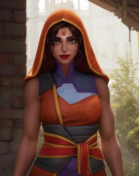 rama, green eyes, brown hair, forehead mark, red lips,
orange hood, purple shirt, tactical clothes, sleeveless, brown pants,
looking at viewer, toned, solo, red sash,
secret base, standing, upper body, smile,
(insanely detailed, beautiful detailed face, masterpiece, best quality),
<lora:Rama:0.8>