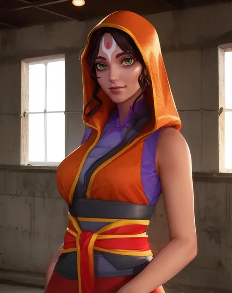 rama, green eyes, brown hair, forehead mark,
orange hood, purple shirt, tactical clothes, sleeveless, brown pants,
looking at viewer, solo, red sash,
secret base, standing, upper body, smile, indoors,
(insanely detailed, beautiful detailed face, masterpiece, best quality),
<lora:Rama:0.8>