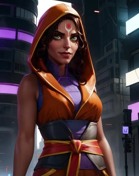 rama, green eyes, brown hair, forehead mark,
orange hood, purple shirt, tactical clothes, sleeveless, brown pants,
looking at viewer, solo, red sash, sitting, cleavage,
city, futuristic, neon lights, standing, upper body, smile,
(insanely detailed, beautiful detailed face, masterpiece, best quality),
<lora:Rama:0.8>