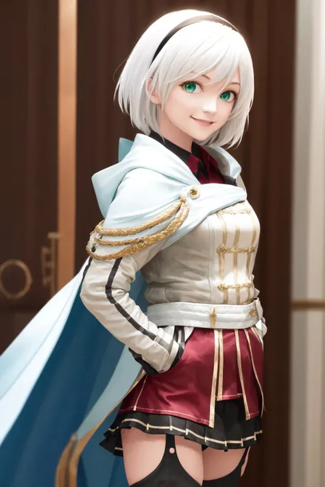 masterpiece, best quality, highres, 1girl amnesia green eyes short hair, white cape black skirt pleated skirt white jacket red shirt garter straps black thighhighs thigh boots <lora:amnesia:1> standing, smile, (hands in pocket : 1.6), (photorealistic:1.4)
