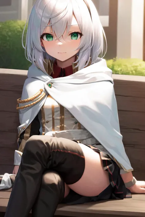 masterpiece, best quality, highres, 1girl amnesia green eyes short hair, white cape black skirt pleated skirt white jacket red shirt garter straps black thighhighs thigh boots <lora:amnesia:1> sitting, (wariza, hand between legs:1.6)