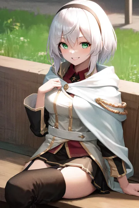 masterpiece, best quality, highres, 1girl amnesia green eyes short hair, white cape black skirt pleated skirt white jacket red shirt garter straps black thighhighs thigh boots <lora:amnesia:1> photorealistic, outdoors, sitting on bench, smile